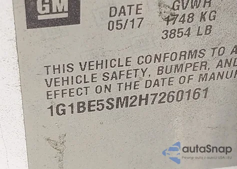 2017 Chevrolet Cruze Lt Auto из США, поврежденный, VIN 1G1BE5SM2H7260161